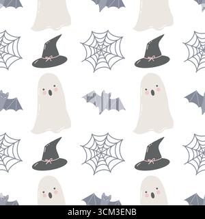 Halloween-Geistermuster. Nahtloses Herbstmuster mit handgezeichneten niedlichen Geistern auf weißem Hintergrund. Lustige Geister, Fledermäuse, Spinnennetz und Hut. Niedlicher kindlicher Hintergrund. Pastellfarben. Vektorabbildung. Stock Vektor