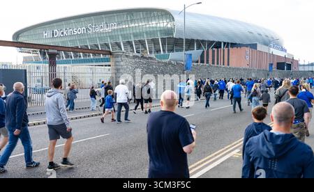 Das Hill Dickinson Stadium, das neue Zuhause des Everton Football Clubs an der Dock Road in Liverpool. Aufgenommen im August 2025. Stockfoto