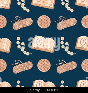 Warme, gemütliche Atmosphäre mit nahtlosem Herbstmuster. Garland, Garn, Bücher, Waffeln auf dunkelblauem Hintergrund. Farbenfroher Hintergrund mit Herbstelementen und Attributen. Niedliches Muster mit Herbststimmung für Textilien, Verpackungen, Tapeten, Design, in Vektorgrafiken. Vektorabbildung. Stock Vektor