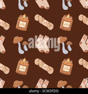 Warme, gemütliche Atmosphäre mit nahtlosem Herbstmuster. Gestrickte Socken, aromatische Kerzen, Pilze, Garn. Farbenfroher Hintergrund mit Herbstelementen und Attributen. Sturzmuster. Niedlicher Herbstmotiv-Druck für Textilien, Verpackungen, Tapeten, Design, in Vektorgrafiken. Vektorillustration auf braunem Hintergrund. Stock Vektor