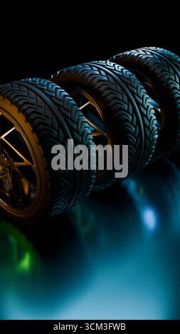 Drei Autoräder mit goldenen Alufelgen sind auf einer glänzend schwarzen reflektierenden Oberfläche gestapelt, die von einem stimmungsvollen blauen Licht beleuchtet wird und ein stilvolles Fahrzeug schaffen Stockfoto