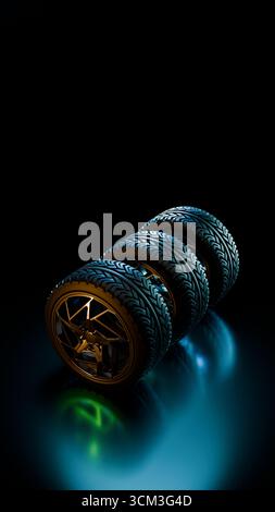 Zwei Autoräder mit goldenen Alufelgen sind vertikal auf einem glänzend schwarzen, reflektierenden Boden mit sanfter blauer Akzentbeleuchtung und einem eleganten Design angeordnet Stockfoto