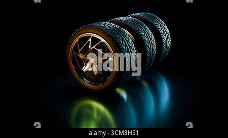 Auf einem glänzenden schwarzen, reflektierenden Boden mit sanftem, blauem Licht befindet sich ein ordentlicher Stapel von Autoreifen mit goldenen Leichtmetallfelgen Stockfoto