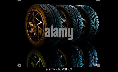 Drei Autoräder mit goldenen Alufelgen stehen auf einer schwarzen reflektierenden Oberfläche mit blauer Beleuchtung und schaffen ein kontrastreiches Automobilstudio Stockfoto