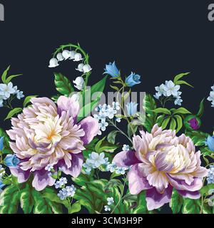 Nahtlose Vektor-Blumengrenze mit Pfingstrose, Lilien und Frühlingsblüten Stock Vektor