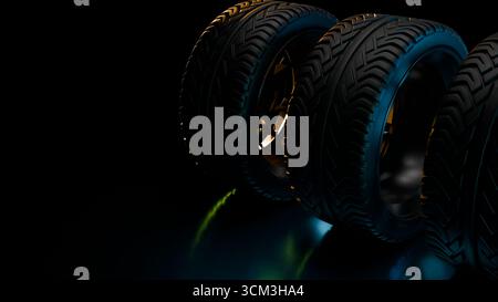 Eine Reihe schwarzer Reifen mit goldenen Leichtmetallfelgen auf dunkler glänzender Oberfläche mit stimmungsvollem Grün- und Blaulicht sorgt für eine dramatische Automobilszene Stockfoto