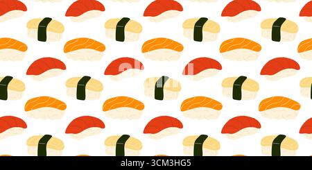 Ein lebhaftes Muster zeigt verschiedene Arten von Sushi, einschließlich Nigiri und Sashimi. Das Design hebt die farbenfrohen Zutaten hervor, die einem sauberen Look gegenüberstehen Stock Vektor