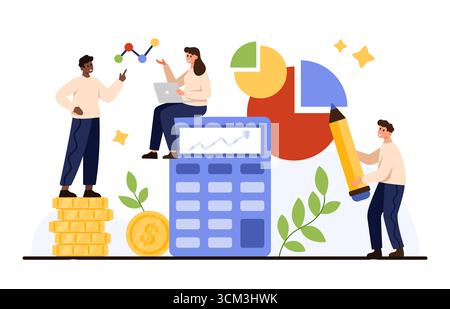 Geschäftsteam analysiert Finanzdaten mit Taschenrechner, Diagrammen, Münzen und Diagrammen für Statistiken, Berechnungen und Analysekonzepte, isoliert auf Vektorillustration mit weißem Hintergrund Stock Vektor