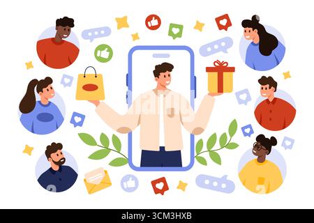 Junger Influencer interagiert mit verschiedenen Online-Followern über Mobilgeräte, umgeben von Likes, Kommentaren, Shopping-Symbolen und Geschenksymbolen für digitale Marketing-Konzeptvektoren Stock Vektor