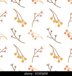 Nahtloses Muster mit herbstrowan Zweigen und Beeren, flacher Vektor auf weißem Hintergrund. Textur mit botanischen Elementen für saisonales Design, Naturdekor, Öko-Branding. Wiederkehrender Hintergrund für Tapeten, Textilien, Geschenkpapier. Vektorabbildung. Stock Vektor