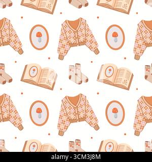 Warme, gemütliche Atmosphäre mit nahtlosem Herbstmuster. Pullover, gestrickte Socken, Herbstkleidung, Pilze, Bücher. Farbenfroher Hintergrund mit Herbstelementen und Attributen. Niedlicher Herbstmotiv-Druck für Textilien, Verpackungen, Tapeten, Design, in Vektorgrafiken. Vektorabbildung. Stock Vektor