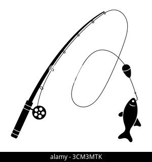 Angelrute mit Rolle, Leine, Schwimmer und Fisch. Eine Angelrute mit Rolle, Angelschnur, Schwimmer und ein Fisch, der am Haken gefangen wird. Stock Vektor