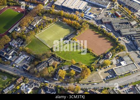 Aus der Vogelperspektive, Wullenstadion Fußballplatz des VfB Annen 19 e.V., Laubbäume in Herbstfarben, Kunstrasenplatz und Aschensportplatz, Witten Stockfoto