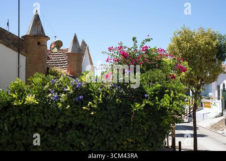 Eine spanische Stadt mit farbenfrohen Bougainvillea, Nachtblumen, alten Ziegelsteinkaminen und einer sonnigen Wohnstraße im englischen Arbeiterviertel Stockfoto