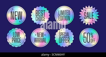 Satz von holografischen Verlaufsbeschriftungen. Bunte Aufkleber mit glänzenden Pastellfarben. Vektorabbildung Stock Vektor