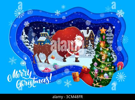 Weihnachtspapier geschnittene Banner, Weihnachtsmann mit großer Geschenktüte und Hirsch, Vektor-Grußkarte. Frohe Weihnachten, Winterfeiertage, Papier geschnittenes Banner mit Weihnachtsmann, der eine große Tasche mit Neujahrsgeschenken in der Stadt trägt Stock Vektor