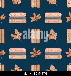 Nahtloses Vektor-Muster mit Büchern und Herbstblättern. Herbstmuster. Handgezeichneter Cartoon nette gemütliche Illustration von verschiedenen Büchern auf dunkelblauem Hintergrund. Hintergrund für Design, Stoff, Verpackung, Scrapbooking. Vektorabbildung Stock Vektor