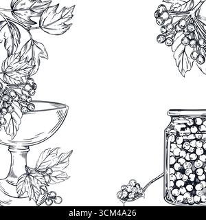 Ein quadratischer Rahmen aus Beeren und Viburnum-Blättern, ein Glas Marmelade mit Viburnum, ein Löffel mit Marmelade und eine Schüssel für Marmelade. Alle Objekte werden mit Tinte handgezeichnet Stock Vektor