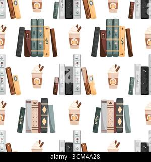 Kürbis-Gewürz-Latte und Buchstapel nahtloses Muster. Vektorhintergrund-Illustration. Stock Vektor