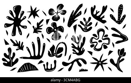 Einfarbige abstrakte Elemente mit Figuren, Vögeln und Pflanzen. Vektor Stock Vektor