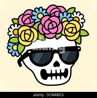 Dia de las Ñatitas (bolivianischer Tag der Toten) Schädel mit Blumen und Sonnenbrille verziert. Isolierte Vektor-Clipart-Illustration, Comic-Stil. Stock Vektor