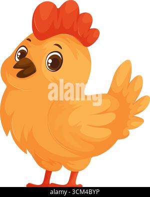 Ein fröhlicher Karikaturvogel hat leuchtende orange und gelbe Farben. Es hat große, ausdrucksstarke Augen, einen kleinen, strukturierten roten Kamm und ein freundliches Auftreten. Stock Vektor