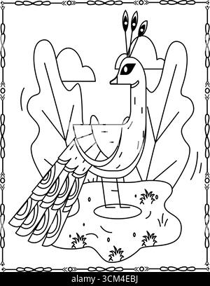 Cartoon-Pfau, der anmutig in einem Garten mit Bäumen, Pflanzen, einem Holzzaun und einem kleinen Schuppen im Hintergrund läuft, in niedlicher Strichkunst-Illustration f Stock Vektor