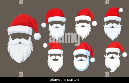 Satz Weihnachtsmannmützen. Rote Weihnachtsmänner mit Bart und Schnurrbart. Vektor Stock Vektor