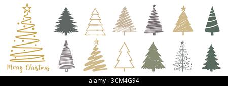 Set mit weihnachtsbaumlinie. Abstrakter linearer weihnachtsbaum. Handgezeichnete weihnachtsbäume kritzeln. Minimalistisches und elegantes weihnachtsschmuck. Vektor i Stock Vektor