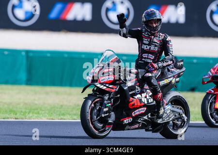 Misano Adriatico, Italien. September 2025. Jorge Martin aus Spanien und Aprilia Racing beim MotoGP GP16 Red Bull Grand Prix von San Marino und der Rimini Riviera - Rennen auf dem Misano World Circuit Marco Simoncelli Credit: dpa/Alamy Live News Stockfoto