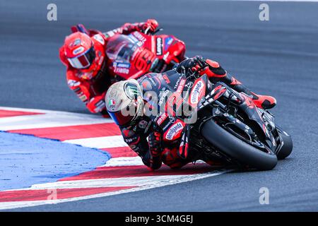 Misano Adriatico, Italien. September 2025. Marco Bezzecchi aus Italien und Aprilia Racing, die während des MotoGP GP16 Red Bull Grand Prix von San Marino und der Rimini Riviera zu sehen waren - Rennen auf dem Misano World Circuit Marco Simoncelli Credit: dpa/Alamy Live News Stockfoto
