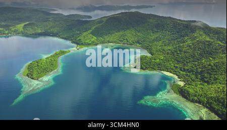 Fidschi-Inseln: Aus der Vogelperspektive tropische Inseln mit üppiger grüner Vegetation, die sich auf dem türkisfarbenen Meereswasser unter einem bewölkten Himmel spiegelt. Wilde Naturreiselandschaft. Drohnenflug Stockfoto