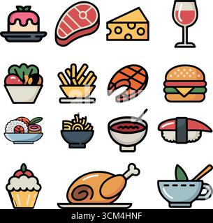 Ikonen der Gourmet-Küche in flachen Illustrationen mit Desserts, Getränken, Fast Food, Sushi, Steak, Käse, Wein usw. Stock Vektor
