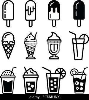 Minimalistische Symbole für Eis und kalte Getränke in Schwarz-weiß in handgezeichneten Illustrationen Stock Vektor