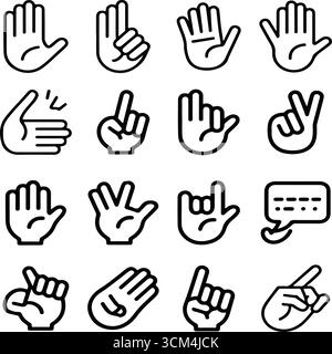 Schwarz-weiße Symbole für Handgesten in Zeichensprache in handgezeichneten Illustrationen Stock Vektor