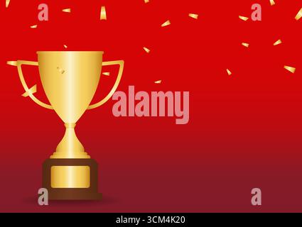 Golden Trophy Cup umgeben von fallenden Konfetti, auf rotem Hintergrund. Champion und Siegerkonzept. Vektorabbildung. Stock Vektor