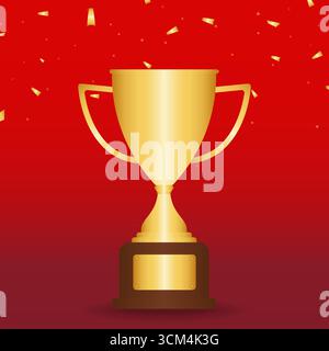 Golden Trophy Cup umgeben von fallenden Konfetti, auf rotem Hintergrund. Champion und Siegerkonzept. Vektorabbildung. Stock Vektor