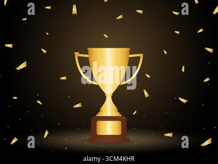 Golden Trophy Cup. Gewinner Cup Award auf der Bühne mit fallendem Konfetti. Vektor-Illustration für Champion und Sieger. Stock Vektor