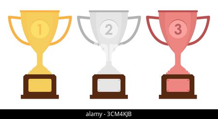 Set aus goldenen, silbernen und bronzenen Trophäen. Award oder Champion Cup auf weißem Hintergrund. Vektor-Illustration für Champion und Sieger. Stock Vektor