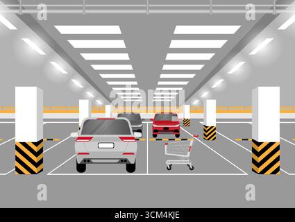 Auto und Einkaufswagen auf Parkplätzen oder Tiefgarage. Vektorabbildung. Stock Vektor