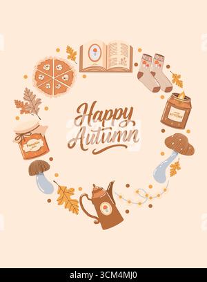 Herbst-Urlaubskarte mit rundem Rahmen - ein Kranz aus Herbstattribute und die Inschrift Happy Herbstlaub. Herbstvorlage. Hintergrund für das Erntefest oder Thanksgiving Day. Herbstrahmen aus Kürbiskuchen, Pilzen, Herbstblättern, Büchern, Marmelade, Girlanden. Vektorabbildung. Stock Vektor