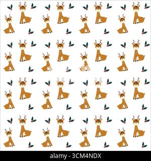 Bezaubernde Illustration mit Rentiermuster und verspielten Hirschen und stechpalmenblättern, perfekt für Weihnachtsmotive und -Dekorationen Stock Vektor