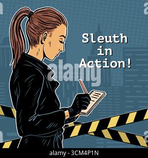 Eine Detektivin schreibt Notizen noir quadratisches Poster Stock Vektor