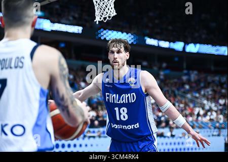 Riga, Lettland. September 2025. 18 Mikael Jantunen aus Finnland im Einsatz während des FIBA EuroBasket 2025, dem 3. Platz Spiel zwischen Griechenland und Finnland in der Xiaomi Arena am 14. September 2025 in Riga, Lettland. Quelle: Unabhängige Fotoagentur/Alamy Live News Stockfoto