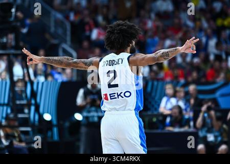 Riga, Lettland. September 2025. 2 Tyler Dorsey von Griechenland im Einsatz während des FIBA EuroBasket 2025, 3. Platz Spiel zwischen Griechenland und Finnland in der Xiaomi Arena am 14. September 2025 in Riga, Lettland. Quelle: Unabhängige Fotoagentur/Alamy Live News Stockfoto