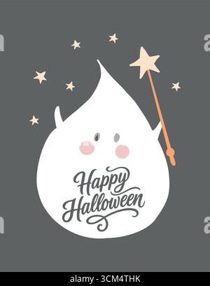 Poster, Flyer, Karte mit niedlichem Geist und Schriftzug Happy Halloween für die Herbstparty. Vektor-Illustration mit kleinem lustigen Geist, Sternen und Zauberstab. Stock Vektor