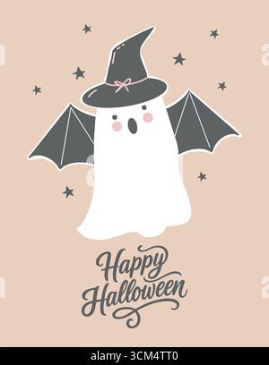 Poster, Flyer, Karte mit niedlichem Geist im Hexenhut und Schriftzug Happy Halloween für die Herbstparty. Vektorillustration auf beigefarbenem Hintergrund mit Geist, Fledermausflügeln und Sternen. Niedliche Postkarte in Pastellfarben. Stock Vektor