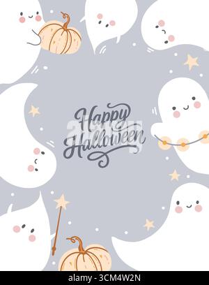 Poster, Flyer, Karte mit niedlichen kleinen Geistern und Schriftzug Happy Halloween für die Herbstparty. Vektor-Illustration mit lustigen Geistern, Kürbissen, Sternen und Zauberstab in Pastellfarben. Design für Kinder. Rahmen mit grauem Hintergrund. Postkartenvorlage Stock Vektor
