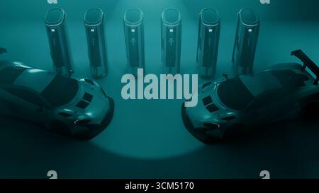 Zwei elektrische Supersportwagen laden sich in symmetrischer Anordnung zwischen futuristischen Stationen unter blauem Spotlight in einem digitalen Rendering des modernen Automs auf Stockfoto