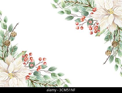 Weihnachtsrahmen mit Tannenzweigen, weißen Weihnachtsstern, roten Beeren und grünem Eukalyptuszweig. Handgezeichnete Aquarell-Feiertag-Adventsillustration Stockfoto